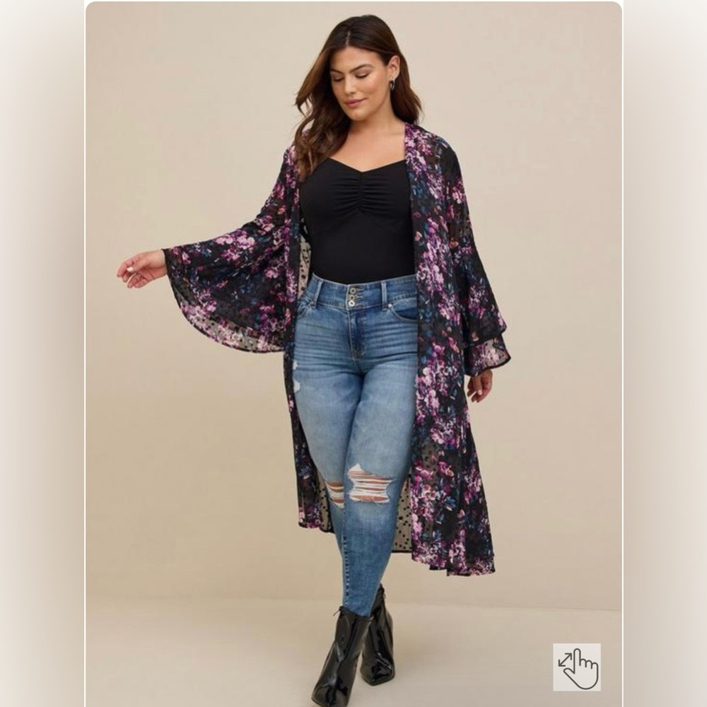 NWOT Torrid 3x Black Floral Chiffon Duster Cardigan Metallic Threads bell Cute